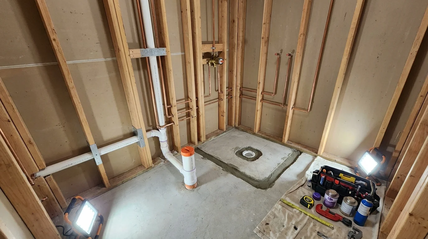 Bathroom rough-in plumbing during remodel by Johns Plumbing LLC in Parma