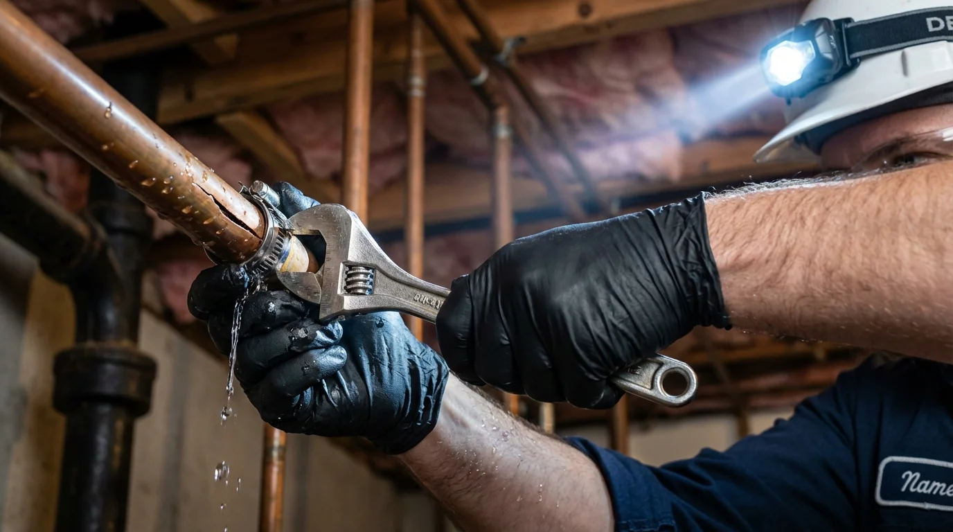 Emergency pipe clamp repair being performed by a Johns Plumbing LLC plumber in Parma