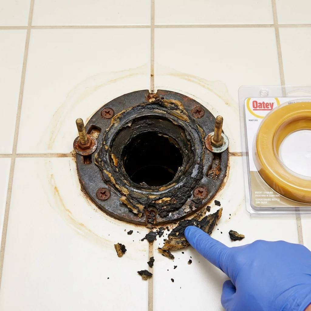 Failed wax ring showing water seepage at the base of a toilet in a Parma, ID home