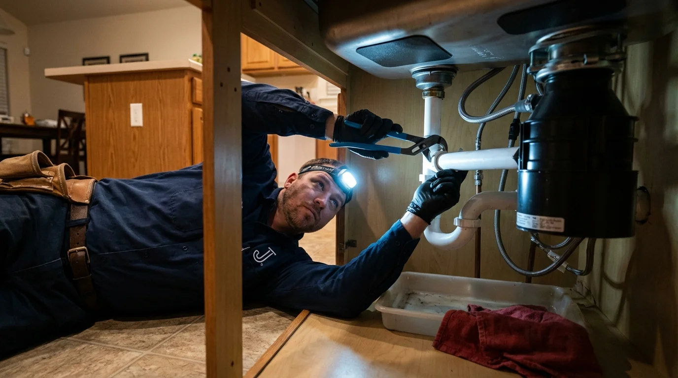 P-trap and supply line connections under a kitchen sink showing a common leak point in Parma, ID
